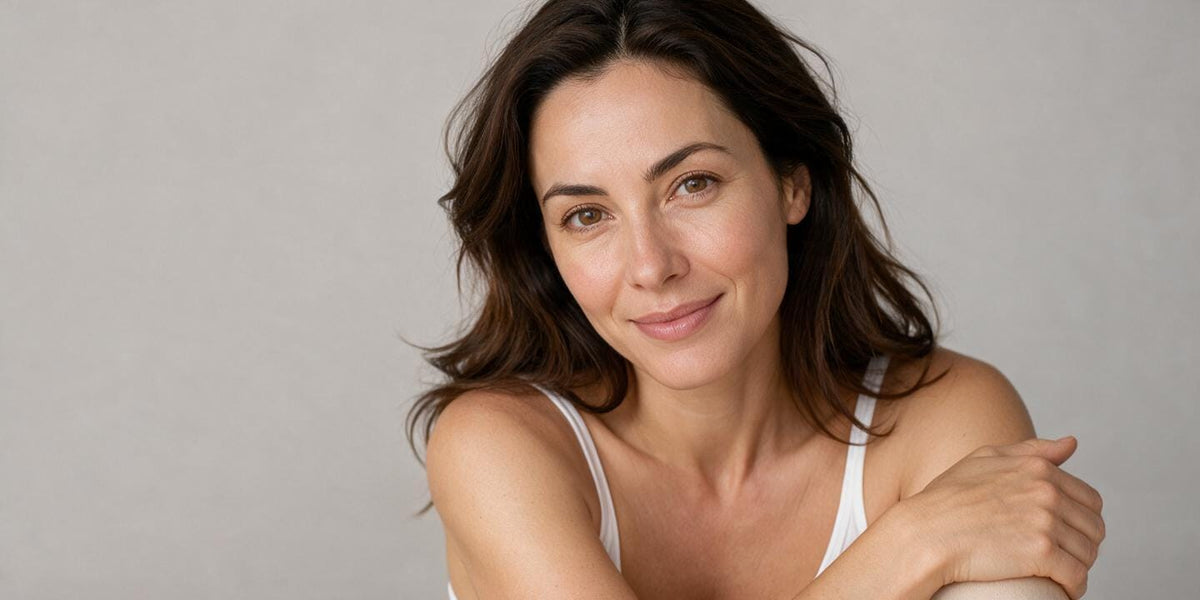 A woman with wavy brown hair wearing a white spaghetti-strap tank top, posing against a neutral light gray background.